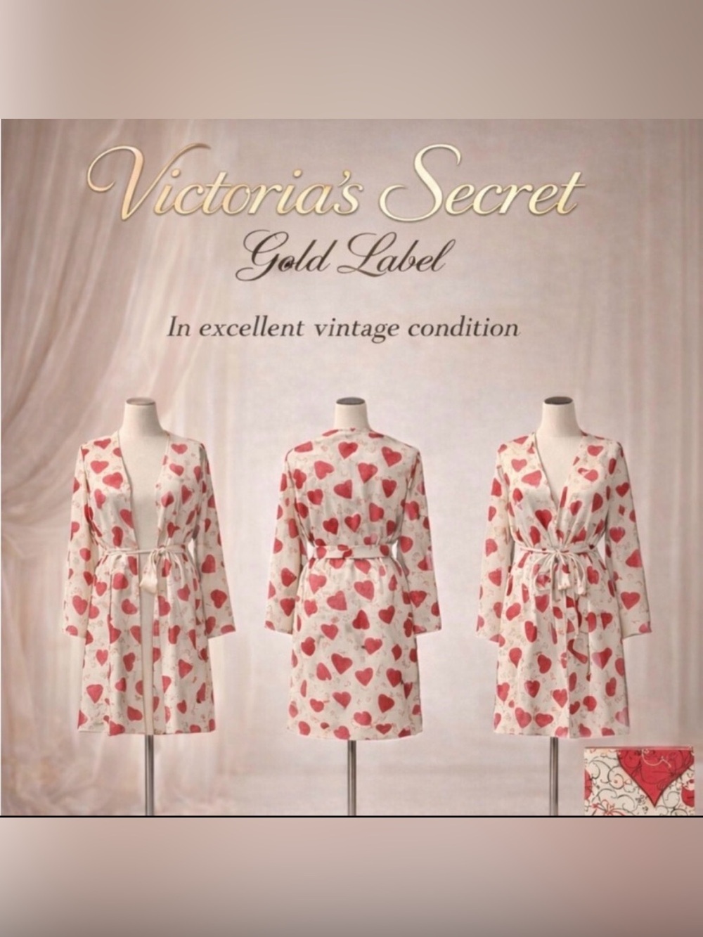 Victoria's Secret Gold Label Cream Robe with Red Heart Print